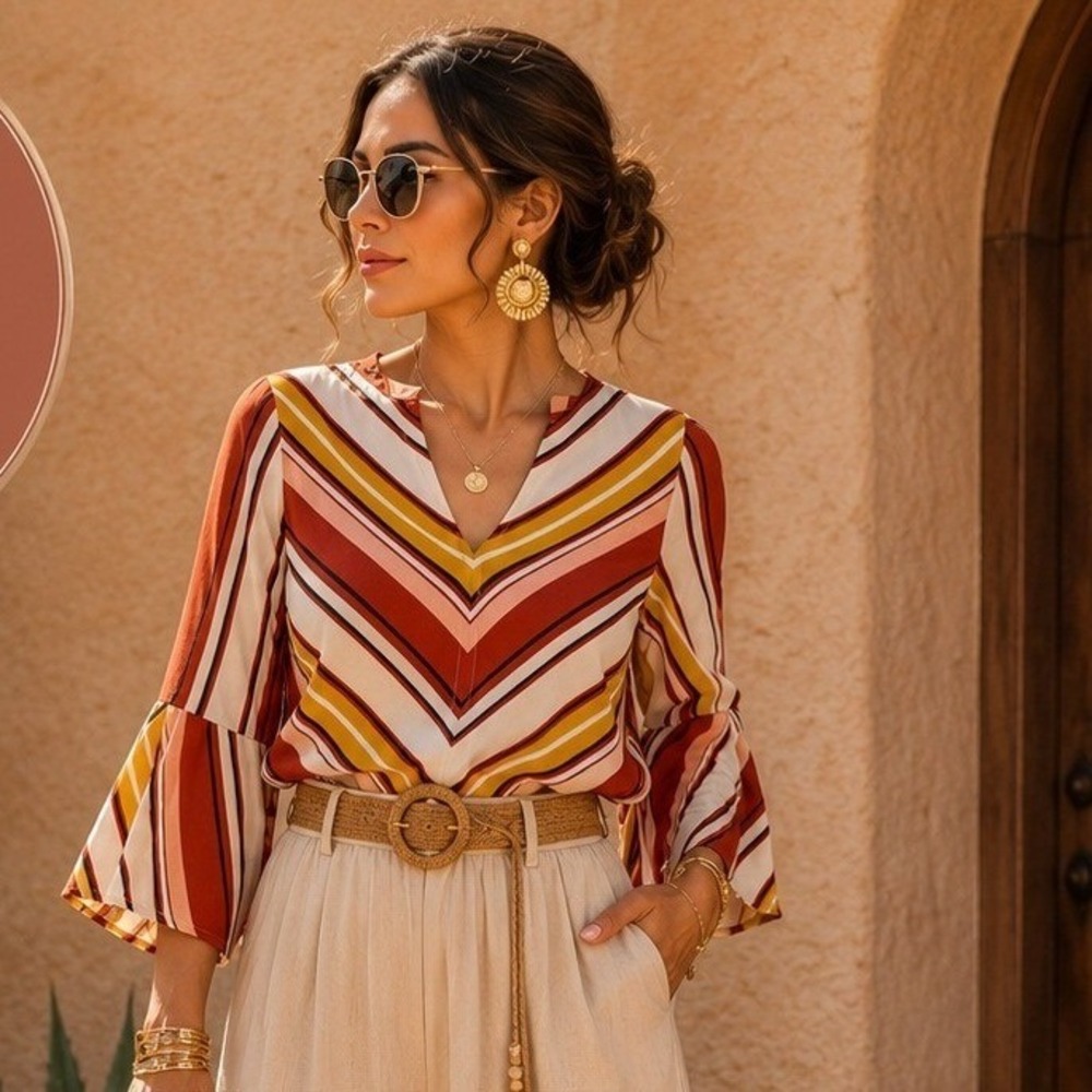 Fever V-Neck Bell Sleeve Striped Handkerchief‎ Hem Blouse Rust Mustard Medium